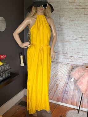 Urban Outfitters 100% rayon Halter Maxi Dress - mustard yellow XS